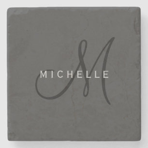 Professional Black Monogram Grey Your Name Stone Coaster