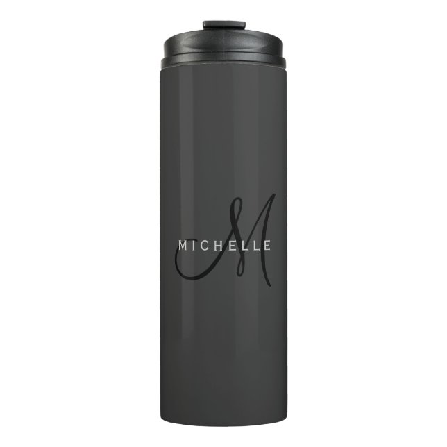 Professional Black Monogram Grey Your Name Thermal Tumbler (Front)