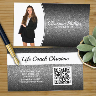 Professional Black Ombre Glitter Custom Photo QR Business Card