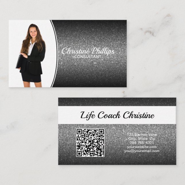 Professional Black Ombre Glitter Custom Photo QR Business Card (Front/Back)