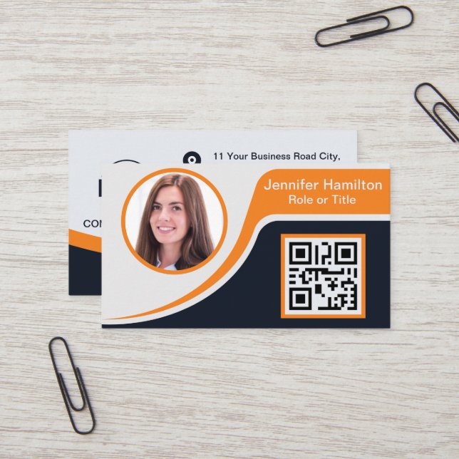 Professional Black Orange add your Logo QR Busines Business Card (Front/Back In Situ)