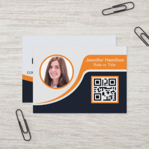 Professional Black Orange add your Logo QR Busines Business Card