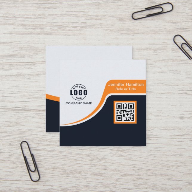 Professional Black Orange add your Logo QR Code Bu Square Business Card (Front/Back In Situ)