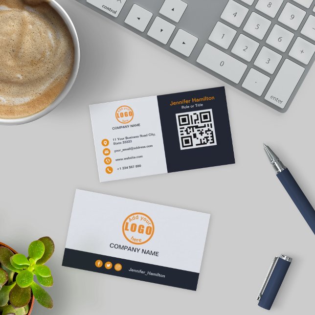 Professional Black Orange add your Logo QR Code  Business Card (Creator Uploaded)