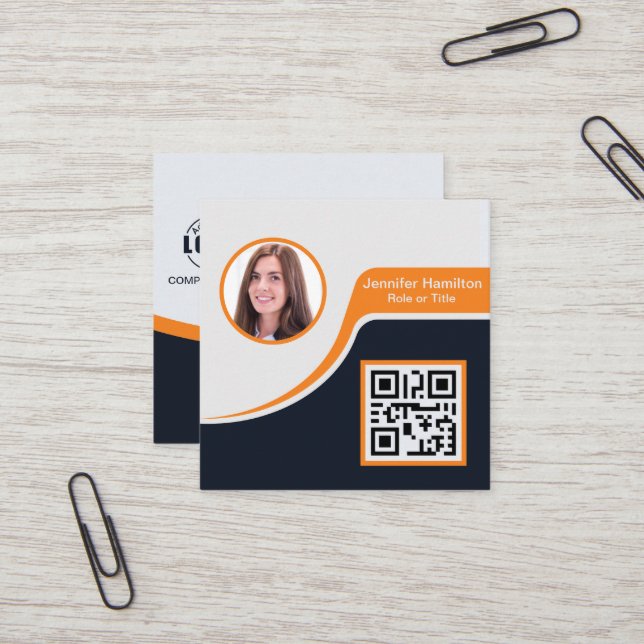 Professional Black Orange add your Logo QR Code Square Business Card (Front/Back In Situ)