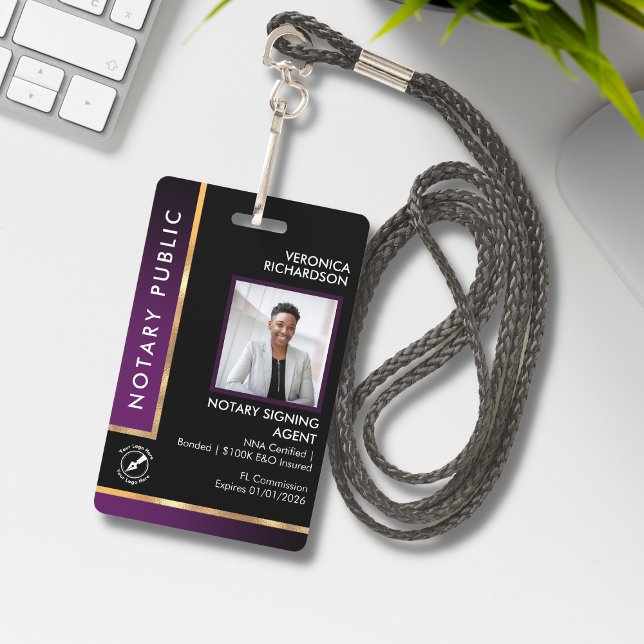 Professional Black & Purple QR Notary Photo ID Badge (Creator Uploaded)