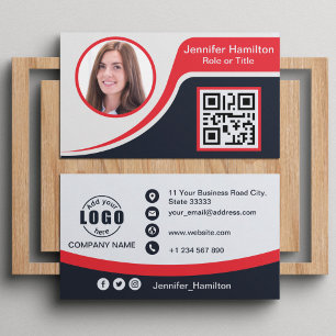 Professional Black Red add your Logo QR Code Busin Business Card