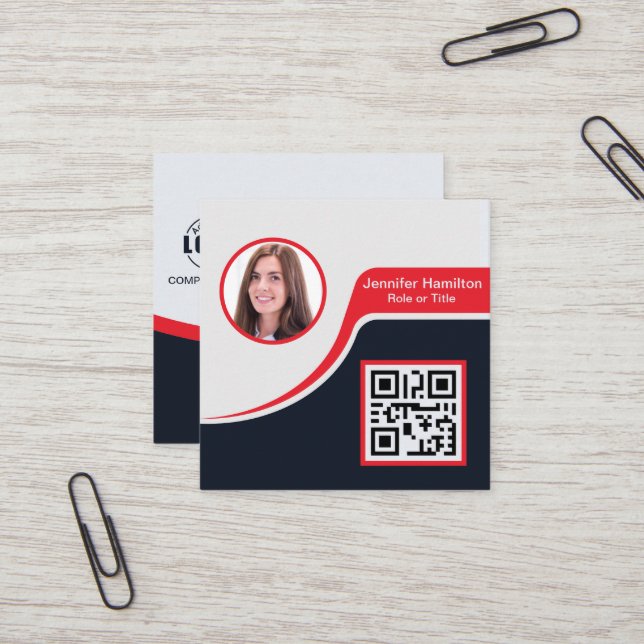 Professional Black Red add your Logo QR Code Square Business Card (Front/Back In Situ)