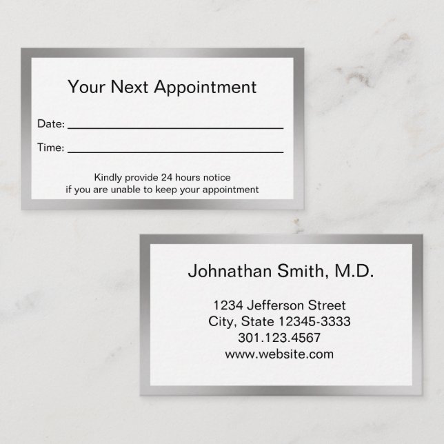 Professional Black White and Silver Doctor Office Appointment Card (Front/Back)