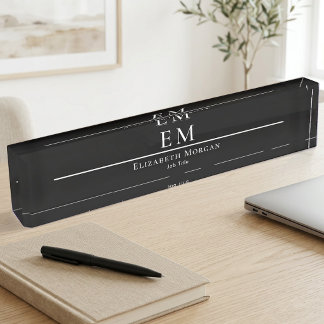 Professional Black White Modern Minimal Monogram Nameplate