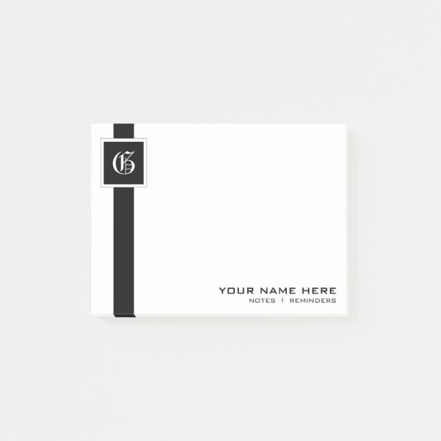 Professional Black & White Stripe Monogram Post-it Notes (Front)