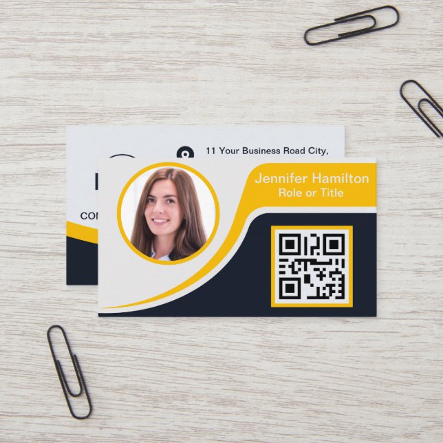 Professional Black Yellow add your Logo QR Busines Business Card (Front/Back In Situ)