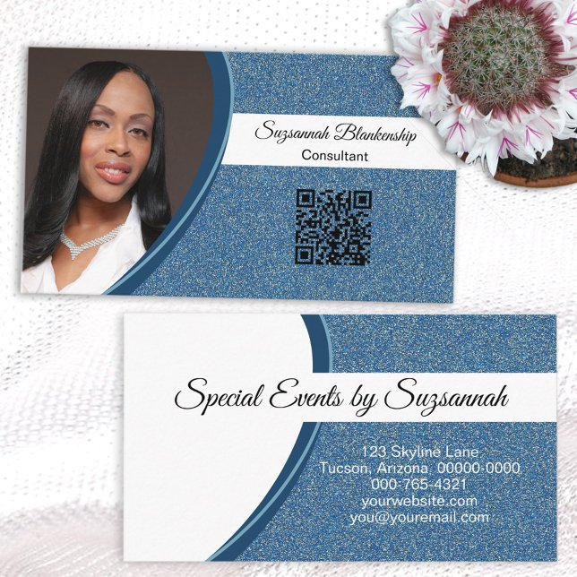 Professional Blue Glitter Custom Photo QR Code Business Card (Creator Uploaded)