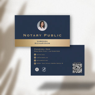Professional Blue & Gold Photo Notary Business QR Business Card