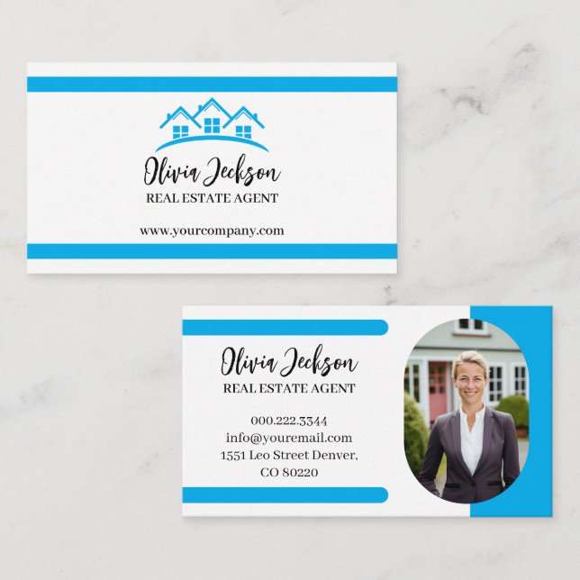 Professional Blue Real Estate Agent Photo Business Card (Front/Back)