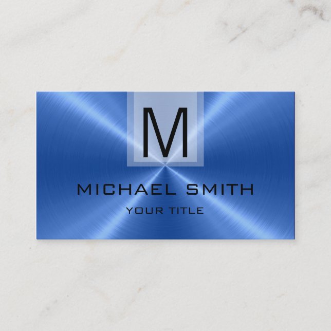 Professional Blue Stainless Steel Metal Monogram Business Card (Front)