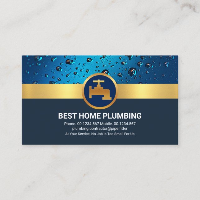 Professional Blue Water Drops Gold Faucet Business Card (Front)