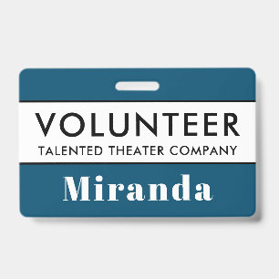 Professional Blue White Volunteer Name Badge