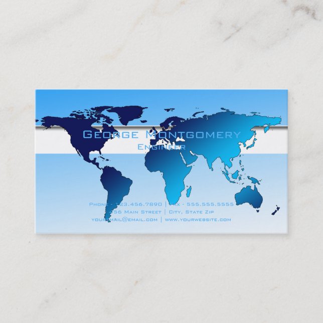 Professional Blue World Map Business Card (Front)