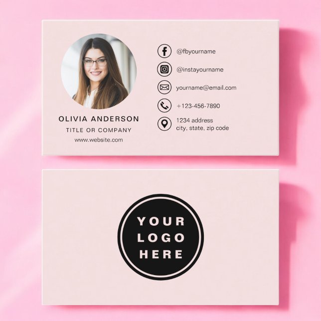 Professional Blush Pink Photo Logo Social Media Business Card (Creator Uploaded)