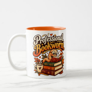 Professional Bookworm Cute Retro Reading Worm Two-Tone Coffee Mug