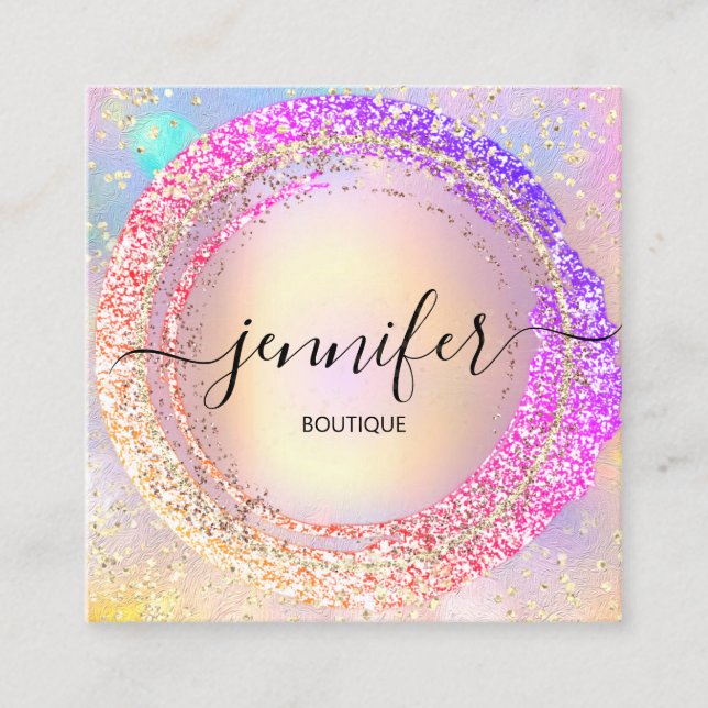Professional Boutique Shop Glitter Holographic Pin Square Business Card (Front)