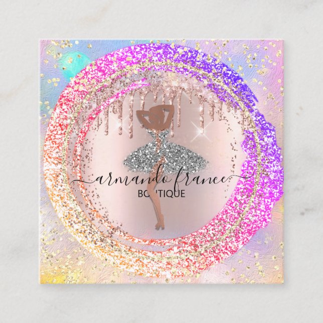 Professional Boutique Shop Glitter Pink Holograph Square Business Card (Front)
