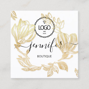 Professional Boutique Shop Gold Flowers QR Logo Square Business Card