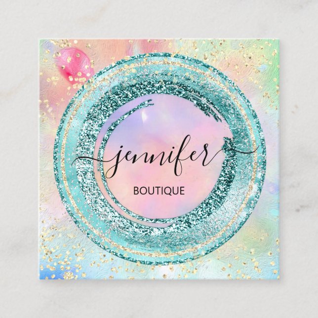 Professional Boutique Shop Holograph QR Code Green Square Business Card (Front)