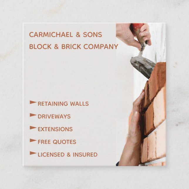 Professional Bricklayer Masonry  Building Square Business Card (Front)