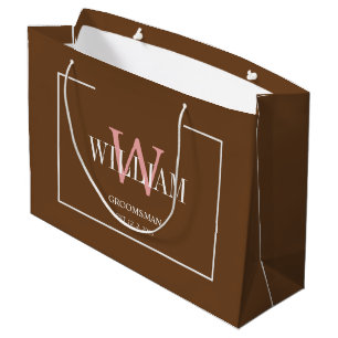 Professional Brown & White Groomsmen Minimalist Large Gift Bag
