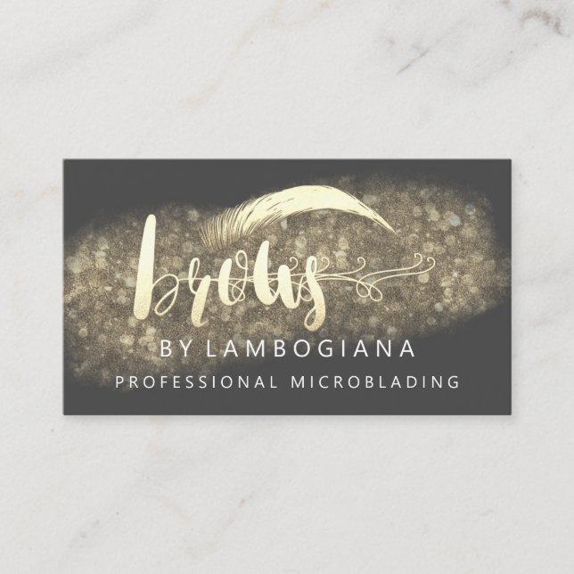 Professional Brows Gold Grey Logo Microblade Busin Business Card (Front)