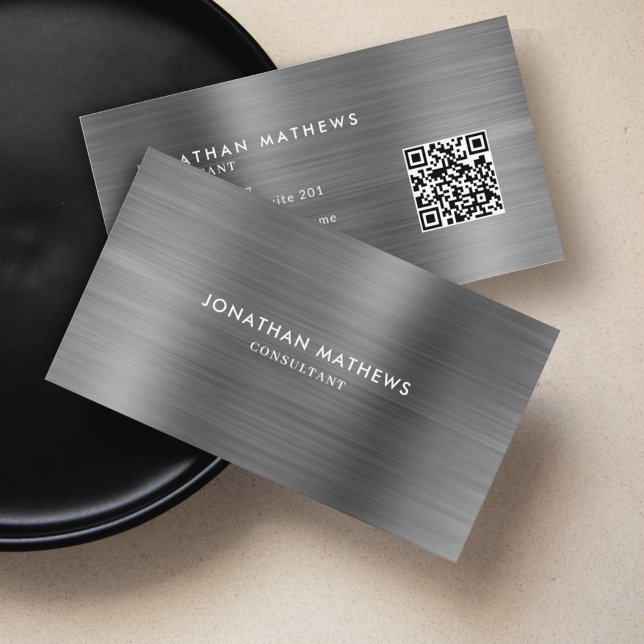 Professional Brushed Metal Silver Grey QR Code Business Card (Creator Uploaded)