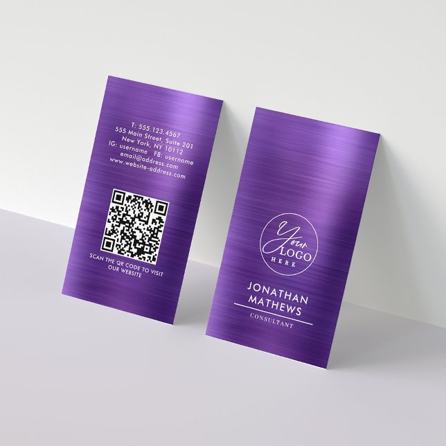 Professional Brushed Metallic Purple Logo QR Code Business Card (Creator Uploaded)
