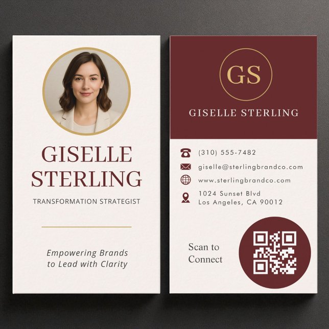 Professional Burgundy Gold Photo QR Code Modern Business Card (Creator Uploaded)
