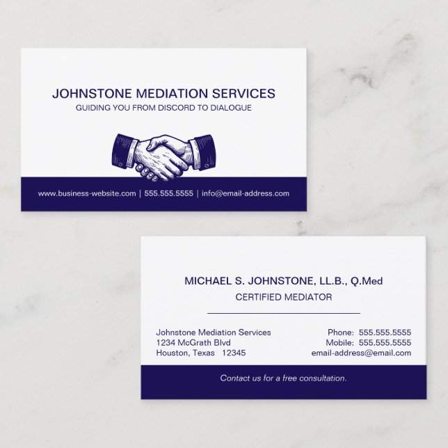 Professional Business Blue White Handshake Business Card (Front/Back)