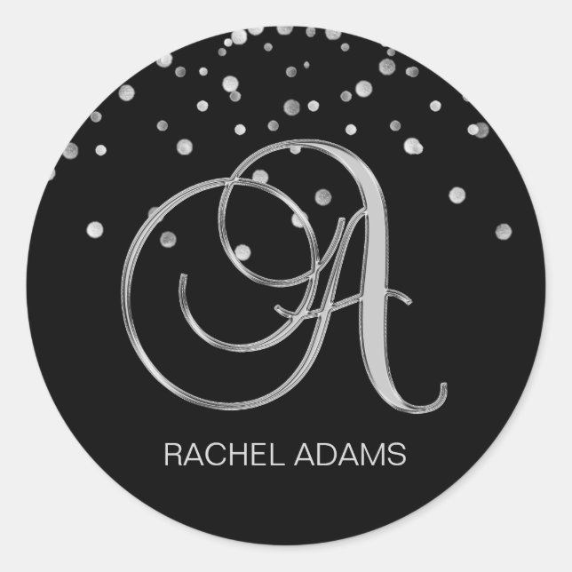 Professional Business Monogram Silver Black Classic Round Sticker (Front)