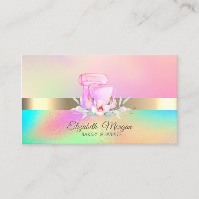 Professional Cake Mixer Flowers Bakery Holographic Business Card (Front)