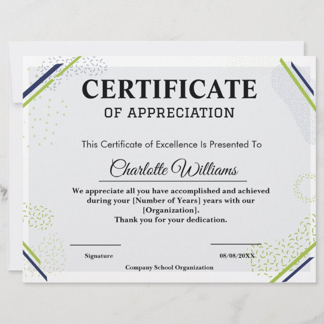 Professional Certificate of Appreciation Blue Gold Letterhead (Front)