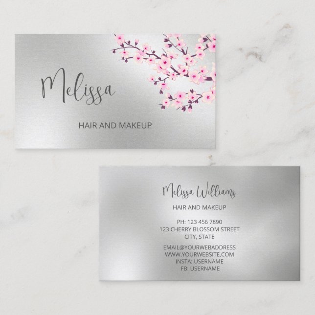 Professional Cherry Blossom Pink Silver Business C Business Card (Front/Back)