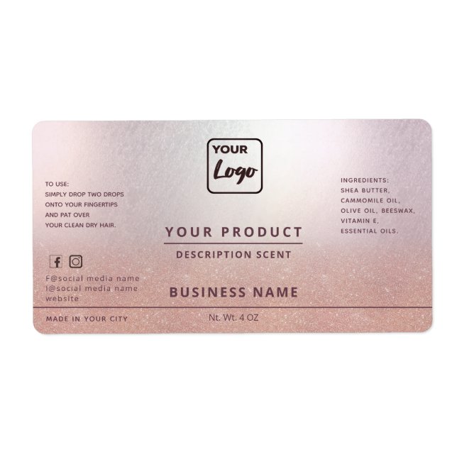Professional chic rose gold glitter product label (Front)