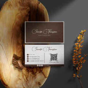 Professional Chocolate Brown Script QR Code Business Card