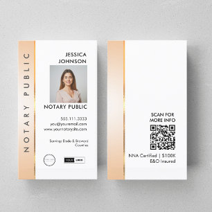 Professional Classy Peach & Gold Photo Notary QR   Business Card