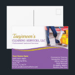 Professional Cleaning/Janitorial Housekeeping Postcard<br><div class="desc">Boost publicity with these professional postcards (template) for house cleaning, housekeeping or janitor (janitorial) small business. These postcards are designed with purple text and a gold (faux) glitter colour on the front side with purple text on the back. Customize the flyers by adding or removing elements to suit your company's...</div>