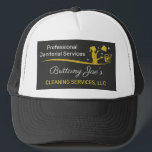 Professional Cleaning/Janitorial Housekeeping Serv Trucker Hat<br><div class="desc">Boost publicity with these double sided professional trucker hats (template) for house cleaning,  housekeeping or janitor (janitorial) small business.  These hats are designed with white and gold text and a gold (faux) glitter colour. Customize the hats by adding or removing elements to suit your company's brand.</div>