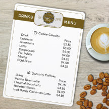 Professional Coffee Shop Personalized  Drinks Menu