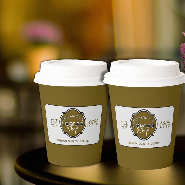 Professional Coffee Shop Personalized Logo Paper Cups (Coffee shop paper cups on a table.)