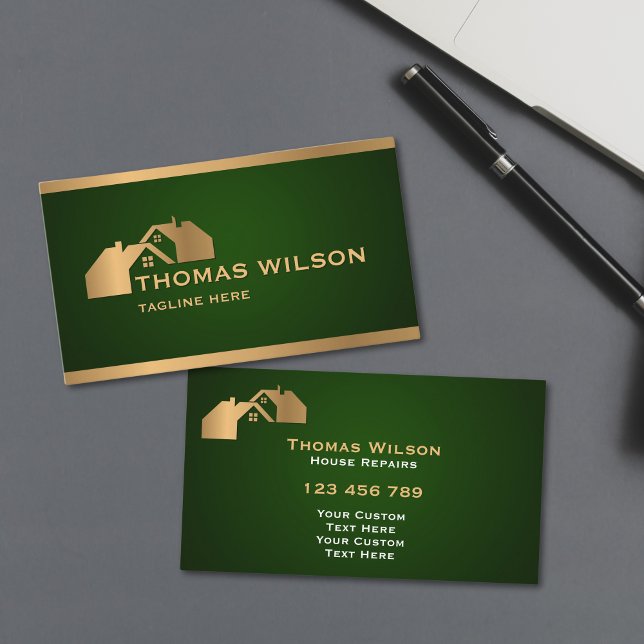 Professional Construction Handyman Carpenter Roof Business Card (modern carpenter handyman business cards with emerald green background and gold rooftops)