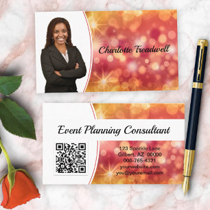 Professional Coral Bokeh Sparkle Custom Photo QR Business Card