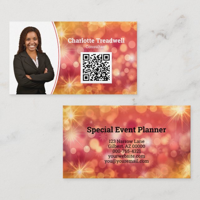 Professional Coral Bokeh Sparkle Custom Photo QR Business Card (Front/Back)